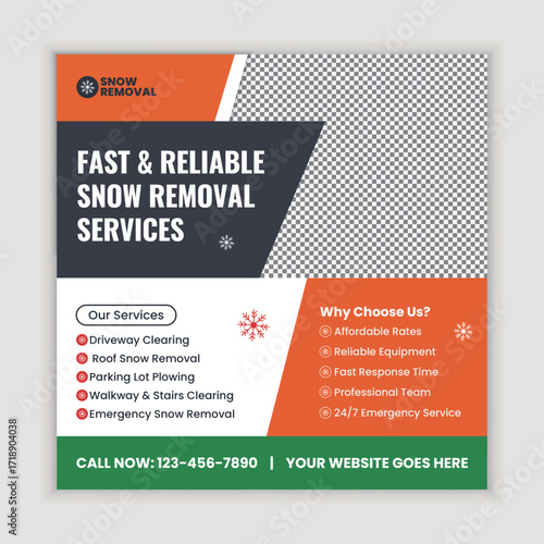 Snow removal social media post or square web banner design template with modern winter cleaning and plowing services promotional layout for seasonal advertisement and branding