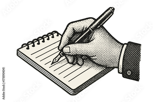 Vintage halftone hand with pen writing on spiral notepad sheet, diary list concept. Vector illustration of writing, planning, business notes, finance, banking, office presentation, retro style