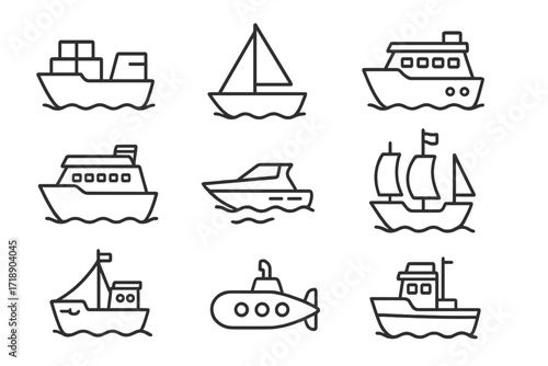 Ship thin line icon set, outline nautical vessels, boat icons for graphic and web design, apps, adverts, various cards, vector cartoon collection, transparent background