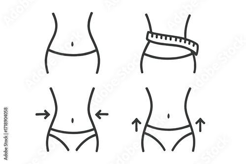 Waist slimming icons set with thin editable stroke, body shaping symbols, measurement tape, silhouette contour, fitness, diet, and weight loss concept vector illustration
