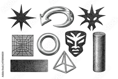 Retro brutalism graphic set with 3D chrome metallic objects, grunge halftone textures, and abstract tribal forms. Vector collection of Y2K futuristic wireframe elements.