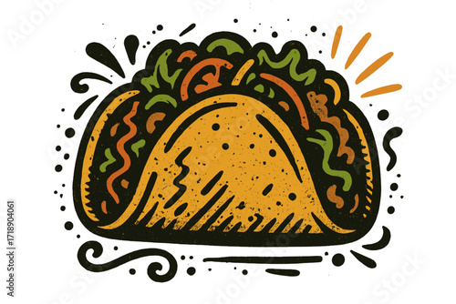 Vintage Mexican taco poster design, graffiti urban style vector illustration, textured isolated cartoon taco graphic, traditional Mexican street food art