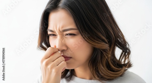 手の匂いを嗅いで臭さに困惑する日本人女性