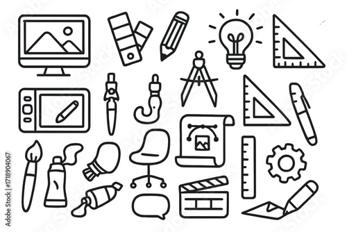 Vlog Line Art Illustration Set with Creative Tools and Design Elements, Transparent Background, Cartoon Style Vector Icons for Video Blogging and Graphic Design Concepts