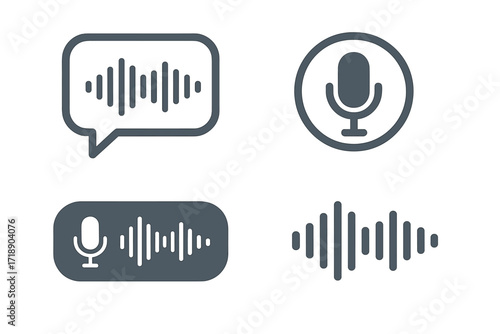 Set of audio and voice message icons. Soundwave in speech bubble for social media chat. Voice assistant and recorder microphone symbol. Audio spectrum wave form. Vector UI element.