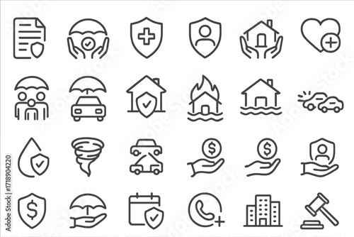 Set of 24 insurance web icons in line style, business health policy protection, tornado flood disaster relief, car and home coverage, financial safety symbols, help illustration
