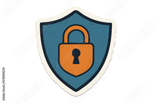 Cybersecurity concept with shield and lock icon. Torn out paper sticker. Personal data protection, internet privacy, network security symbol. Modern retro vector illustration.
