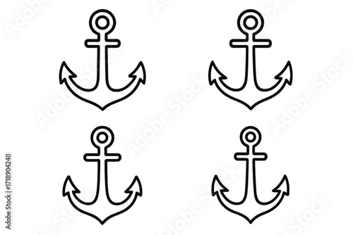 Anchor line icon set for marine and nautical design. Simple ship and boat symbol. Sea travel pictogram. Vector outline graphic for web, mobile app, logo, UI, UX design.