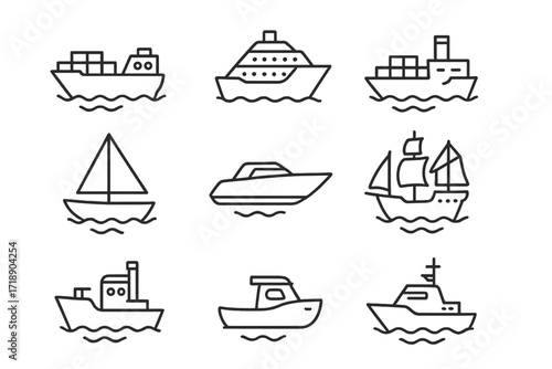 Ship and boat thin line icon set. Collection of various water transport outline symbols like cargo ship, cruise liner, sailboat, speedboat, yacht for web design, apps, ui, ux.