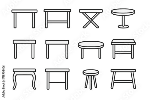 Table line icon set, outline graphic design elements, web and app symbols, cartoon style vector illustration, transparent background, various table shapes collection, ordered set 1