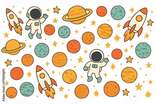 Space seamless pattern background with cute astronaut, rockets, Saturn, planets, and stars in outer space. Hand-drawn flat vector illustration. Cartoon cosmic design for children and space themes