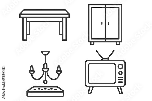 Furniture and Home Decor Icons Collection. Table, Closet, Chandelier, TV Set, Mattress Symbols. Editable Stroke Line Art, Perfect for Infographics, Articles, Flyers, Banners, Vector Cartoon Design