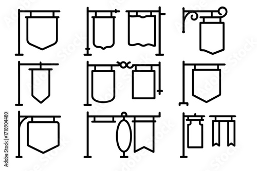 Street banner line icon collection for graphic design, web design, apps, adverts, various cards, vector outline signs, cartoon style, transparent background, promotional flags