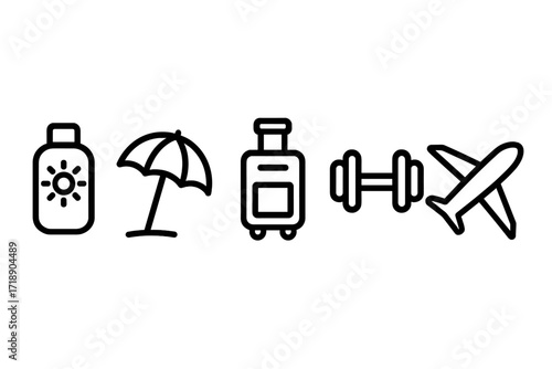Travel related icons set including sunscreen, beach umbrella, luggage, fitness dumbbell, and airplane symbols for banners, infographics, books, and designs, vector