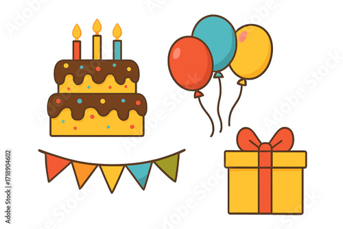 Colorful birthday party vector illustration set with chocolate cake, candles, balloons, gift box, and festive bunting, celebration elements with transparent background