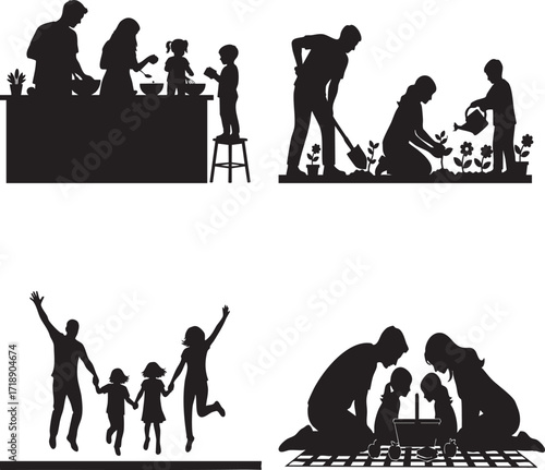 Family members cooking, gardening, playing, and picnicking together in silhouette, representing togetherness and love.