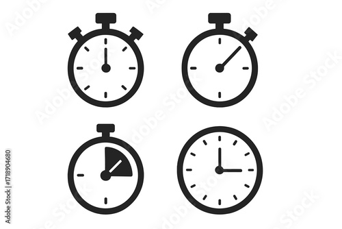Stopwatch and timer icon set. Vector clock face and chronometer symbol collection. For time measurement, countdown, deadline, speed and sport competition. Simple flat design element.