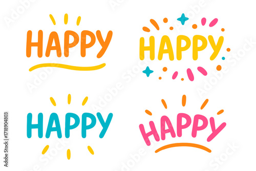 Colorful happy lettering designs set, cheerful hand-drawn typography illustrations for birthday cards, celebrations, joyful expressions, festive decorations, vibrant emotions vector