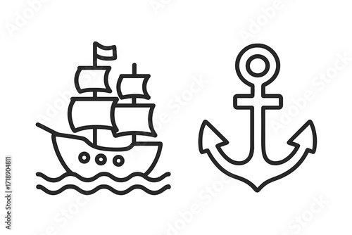 Set of ship and anchor icons in a modern outline style. Vector symbols for nautical, marine, and sea travel concepts. Simple line art for maritime design, apps, and logos.