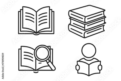 Reading and education line icon set. Vector symbols for learning, study, research, and library. Includes open book, stack, and reader. Perfect for web and infographics.