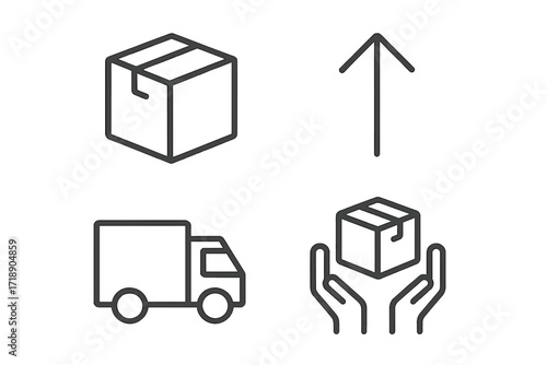 Shipping and delivery line icon set. Logistics, transport, and e-commerce symbols. Includes delivery truck, cardboard box, package, upward arrow, and careful handling icons.