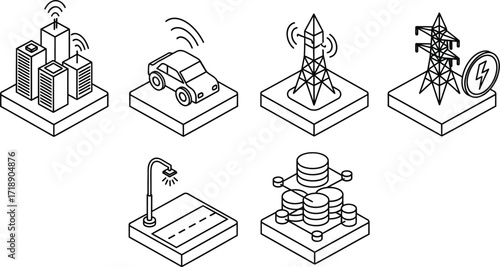 Isometric outline icons representing smart city infrastructure editable stock