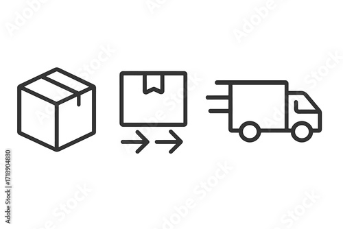 Delivery service icon set. Shipping process, fast transportation, logistics concepts. Box, package, and truck symbols for web and apps. E-commerce order fulfillment pictograms.