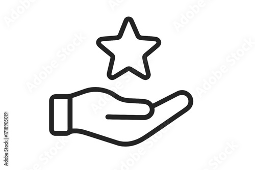 Hand with star logo. Quality rating, feedback and review concept. Customer service satisfaction. Best choice. Favorite icon. Prize, bonus, reward and achievement symbol.