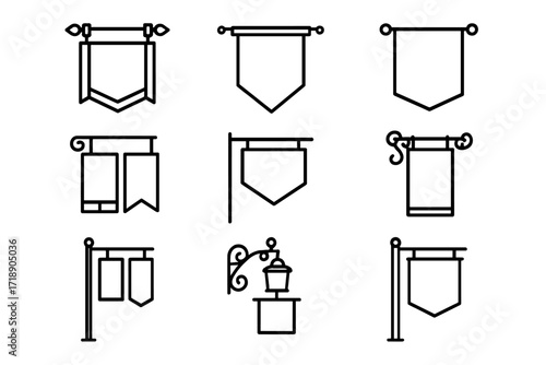 Street banner line icon set. Medieval pennant and flag signboard collection. Blank vintage signage template for graphic design, web, and apps. Vector outline illustration.