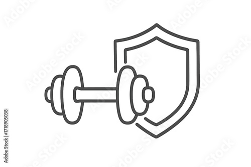 Dumbbell and shield line icon. Metaphor for health protection, fitness insurance, and physical safety. Concept for gym security, bodybuilding defense, strength and power.
