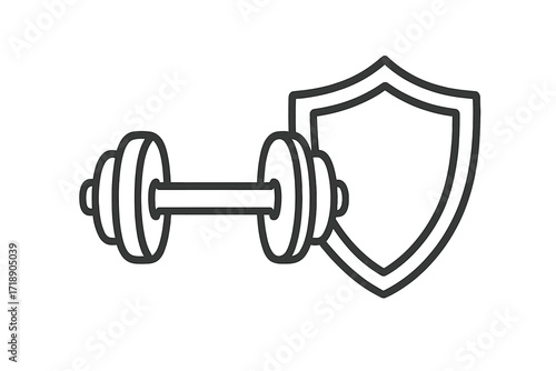 Dumbbell and shield line icon. Strength, protection, and security concept. Power and defense metaphor. Fitness, gym, workout, bodybuilding, health. Physical resistance training.