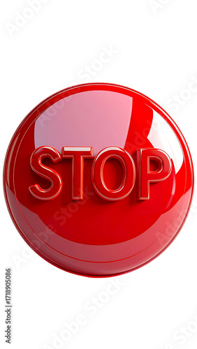 A glossy, red, circular button with the word 