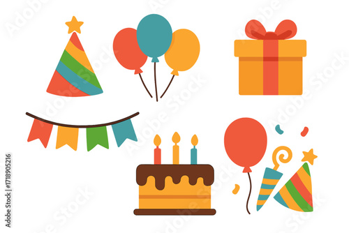 Birthday party vector elements set. Flat design cartoon icon collection for celebration. Includes cake with candles, gift box, balloons, party hat, festive garland and confetti.