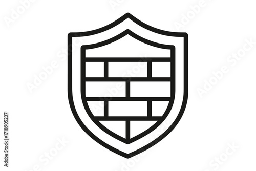 Firewall shield icon with brick wall. Security, safety, protection concepts. Vector line art for cybersecurity. Defense, guard, secure, privacy symbol. Antivirus pictogram.