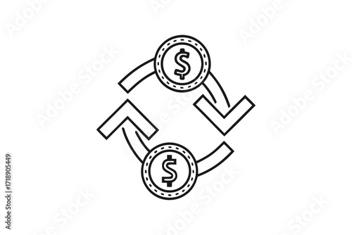 Black Dollar Coins with Arrows Pointing Left & Right on White Background