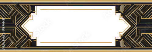 Art deco frame with black and gold geometric pattern on white base editable stock
