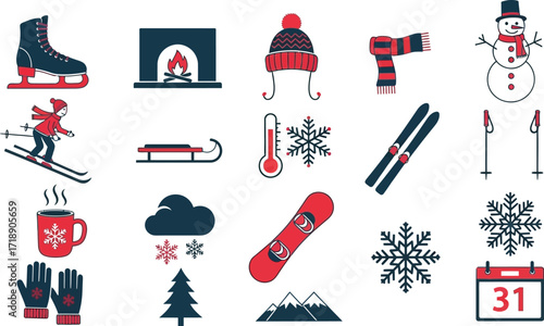 Winter themed icons including skiing and snowboarding elements editable stock