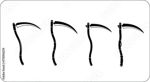 Four black scythes with curved blades isolated on a white background vector art