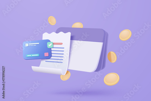 3d bank account book, passbook with credit card, financial online purchase and transaction, fund transfer, business invoice bill, banking payment receipt concept, 3d icon vector render illustration