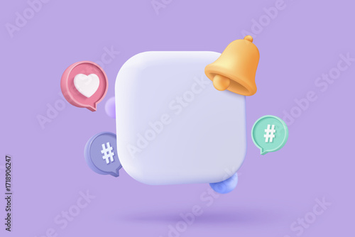 3D app icon with notification alert speech bubble, online social conversation comment push notice cartoon concept, blank app icons, chat with social media. 3d reminder render vector illustration