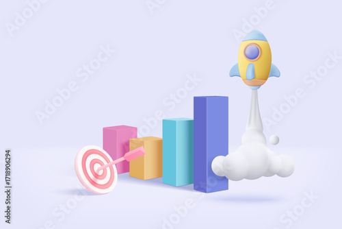 3d excellent business graph with flying space rocket concept. space for business startup and growth statistics trading, bank, finance, investment. 3d rocket icon vector illustration