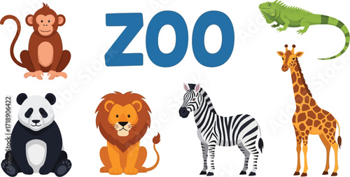 Cartoon zoo animals including a monkey lion zebra and giraffe editable stock