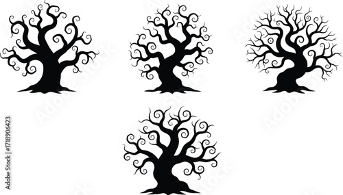 Four spooky black silhouette trees with curly branches on a white background
