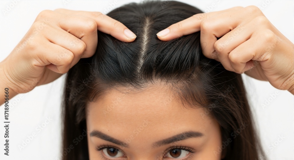 Naklejka premium Asian woman styling her hair with hands while looking at the camera 