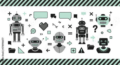 Illustration of various robots and symbols on a white backdrop editable stock