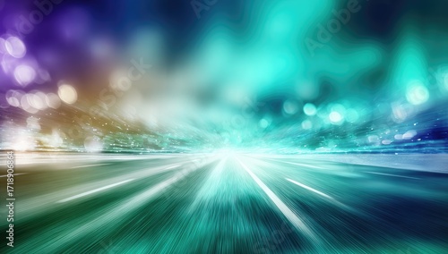 A vibrant highway extends into a futuristic, colorful night, filled with bright lights and a sense of speed.