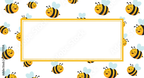 Cartoon bees with a yellow rectangular frame on a white background editable stock