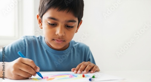 Indian boy coloring with markers while sitting at a table indoors  