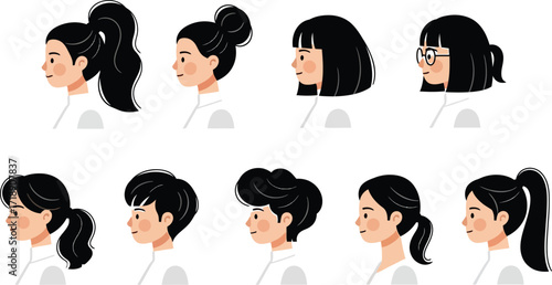 Illustrations of different hairstyles on women with black hair editable stock