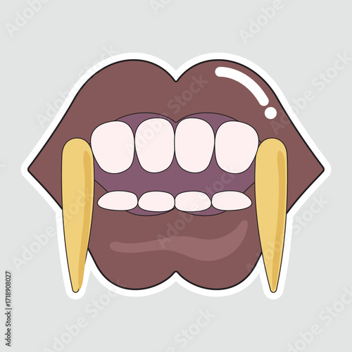 Vampire Lips Sticker. A cute, stylized vector illustration of glossy vampire lips with long fangs. This spooky sticker is perfect for Halloween-themed designs and decorations